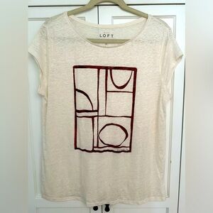 LOFT L Cream Red Graphic Cap Sleeve Tee